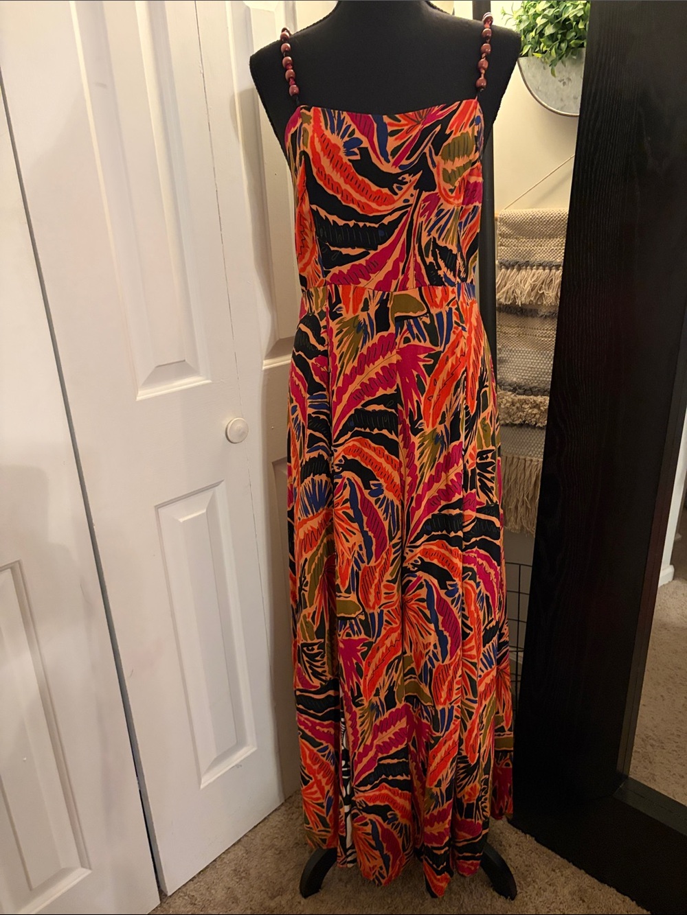 Vince Camuto Tropical Print Beaded Strap Maxi Dress - Pink, Orange & Black